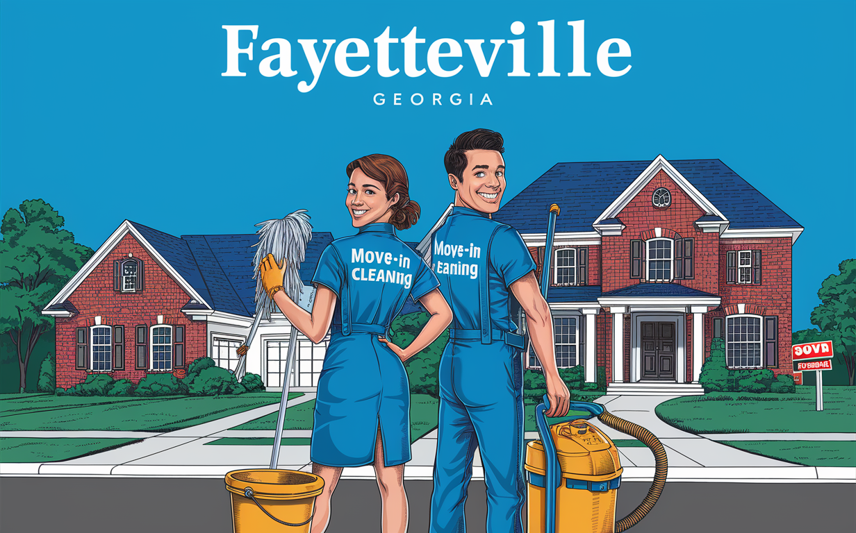 Move-In Cleaning Services in Fayetteville, GA An illustration of professional cleaners assisting a family move into a new home in Fayetteville, Georgia, with the family members carrying boxes and the cleaners sweeping and organizing the surroundings.