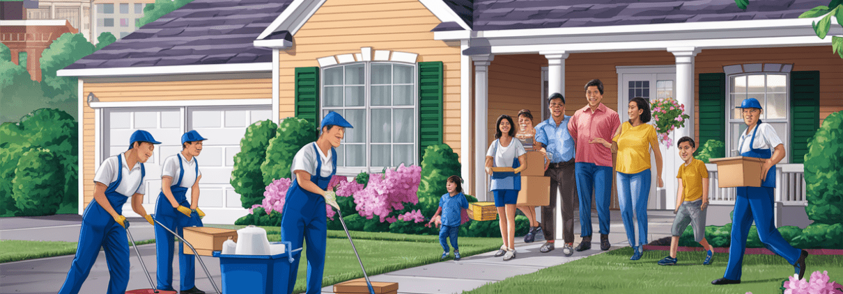 An illustration depicting a family moving into a new home in Fayetteville, Georgia, assisted by professional movers carrying boxes and furniture, with a picturesque neighborhood scene in the background.