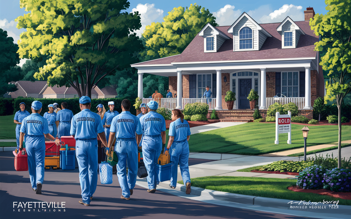 Fayetteville, Georgia - Professional Cleaning Crew Servicing Residential Homes A team of professional cleaners walking towards a beautiful residential home in Fayetteville, Georgia, carrying cleaning supplies and equipment.