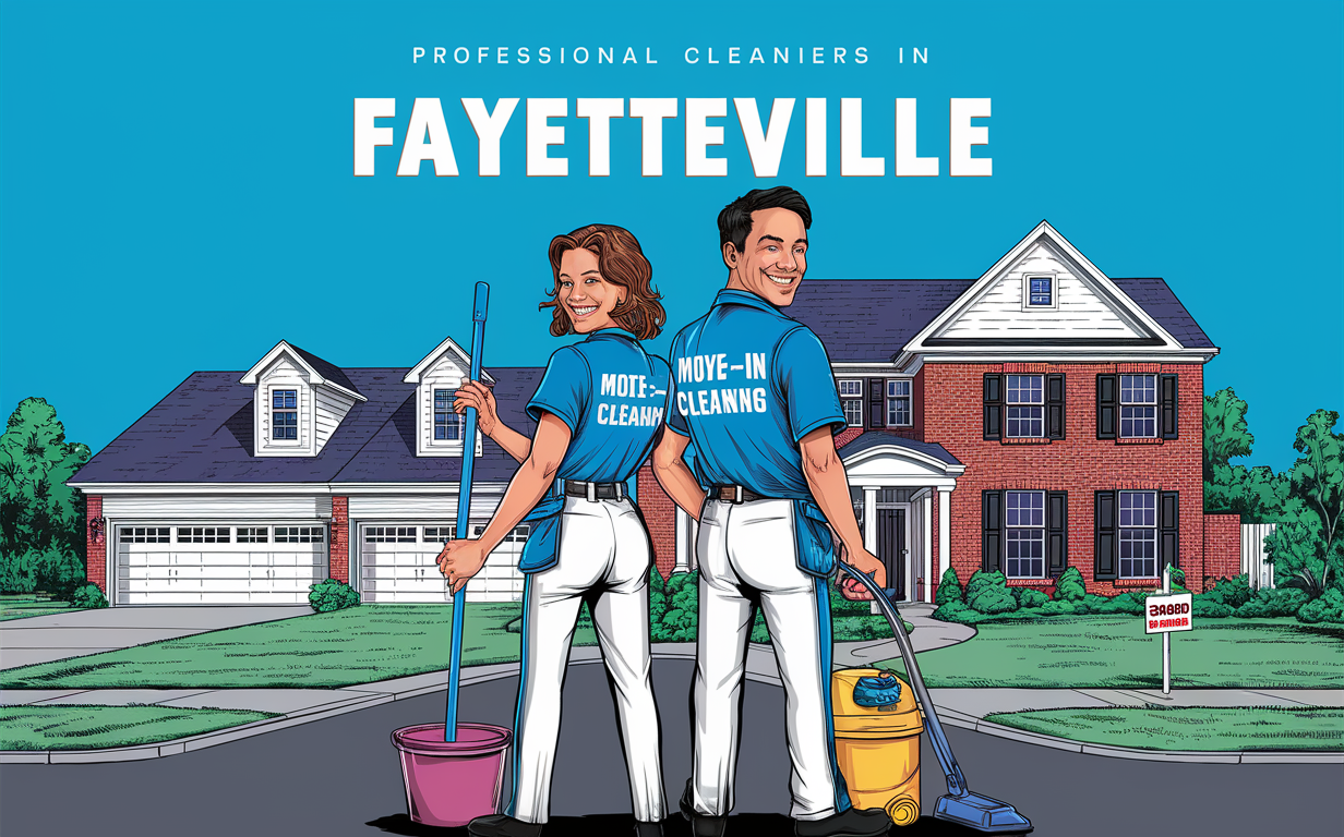 Professional Move-In Cleaning Services in Fayetteville An illustration depicting professional cleaners in Fayetteville, showing a smiling couple in cleaning uniforms standing in front of a suburban home with cleaning equipment