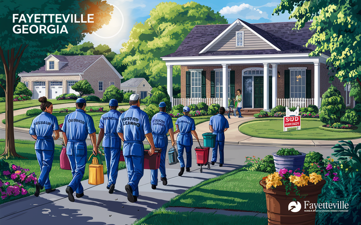 Crew of professional house cleaners arriving at a residential property A team of workers dressed in blue uniforms with 'Careful Cleaners' printed on their shirts, carrying cleaning supplies and equipment, walking towards a well-maintained house with a 'Sold' sign in the front yard in a residential neighborhood setting.