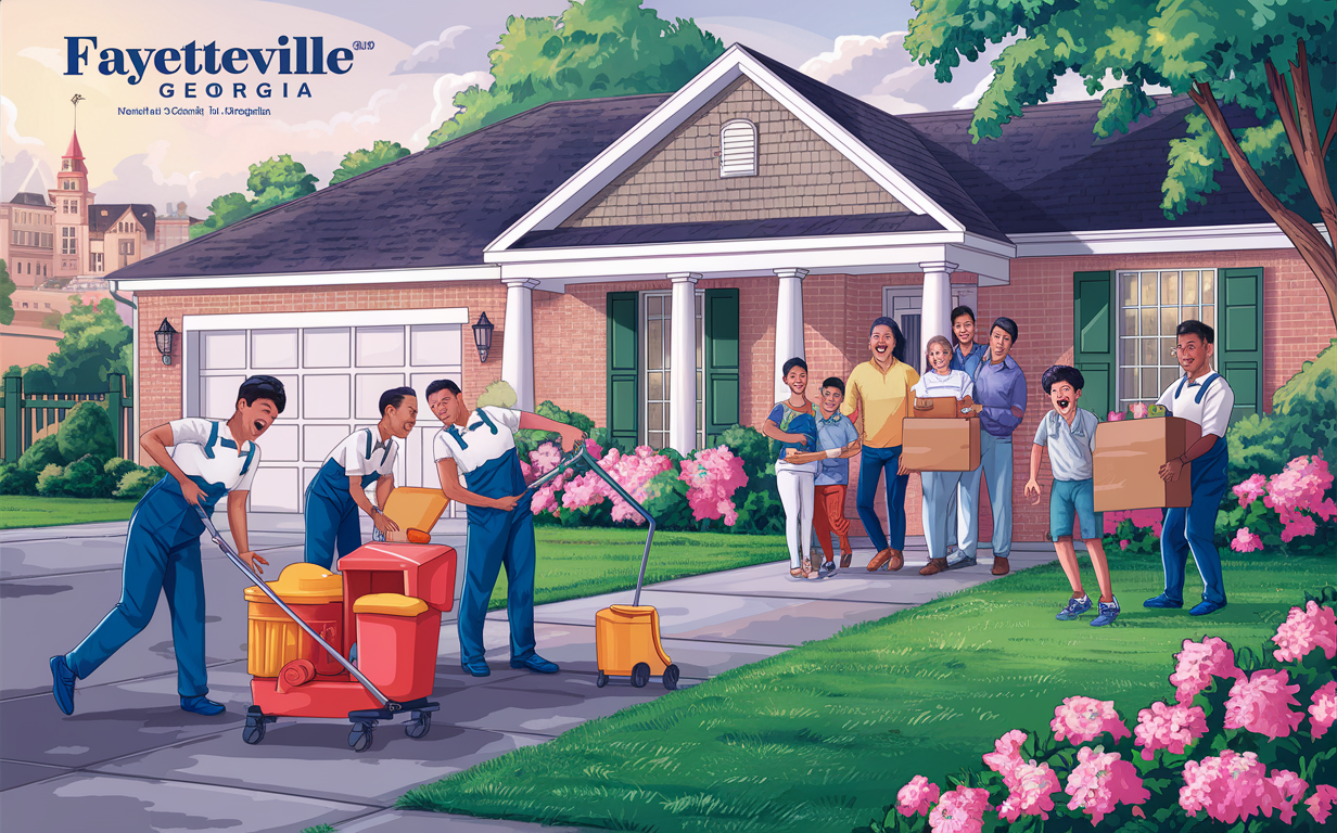 Family Moving into New Home in Fayetteville with Professional Movers An illustration showing a family moving into a new home in Fayetteville, Georgia, assisted by professional movers carrying boxes and furniture while surrounded by blooming azalea bushes.