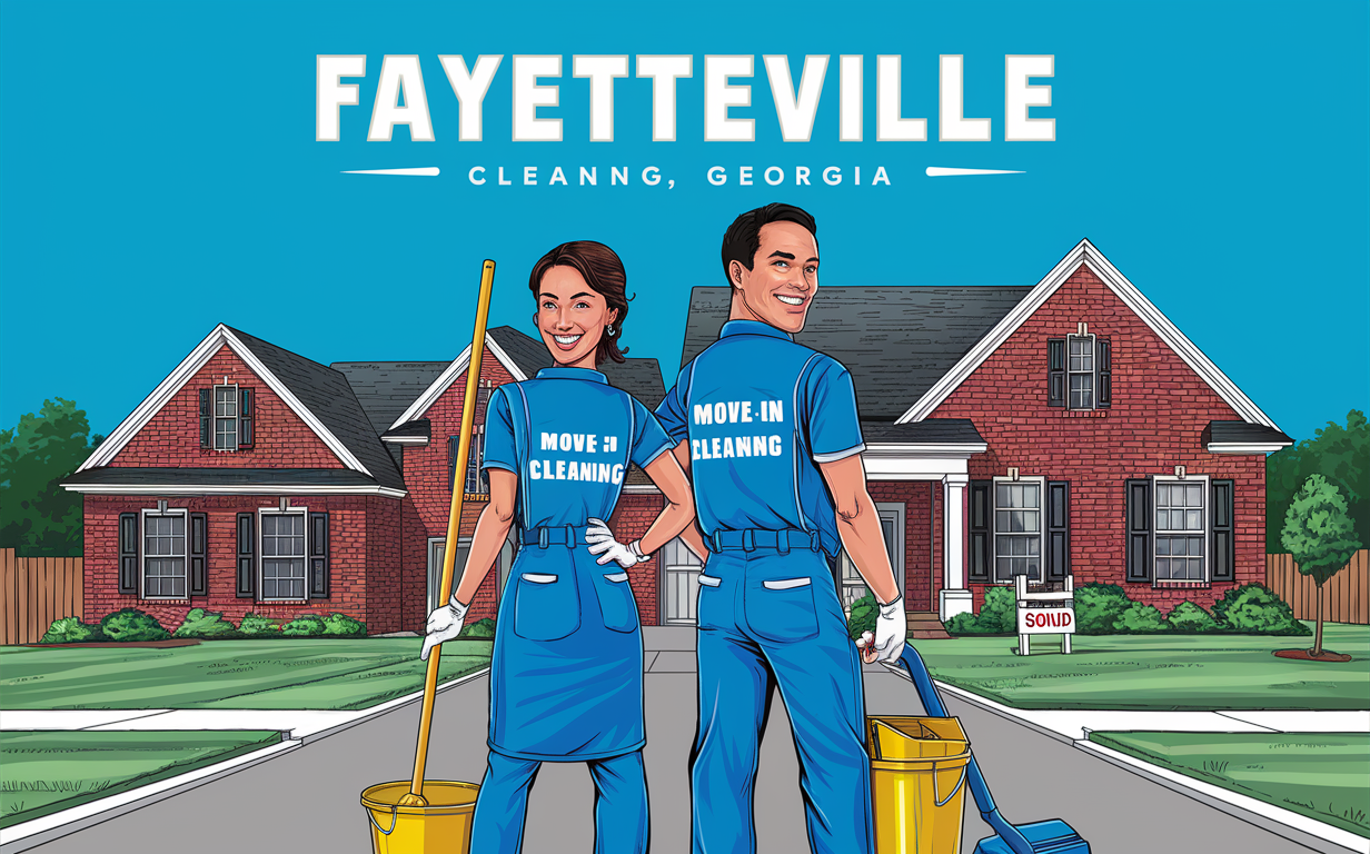 Move-In Cleaning Services in Fayetteville, Georgia Illustration of two cleaners in Fayetteville, Georgia, standing in front of a residential home with the text 'Move-In Cleaning' on their uniforms