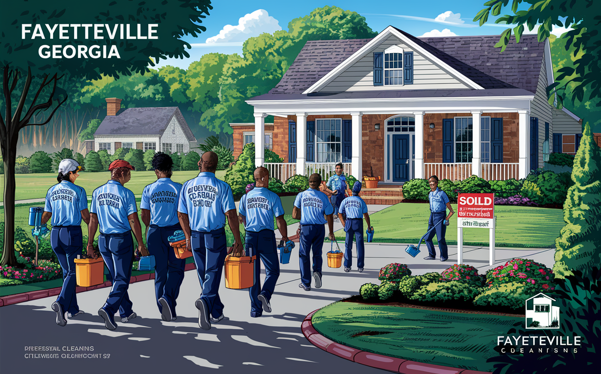 Fayetteville Cleaners Team Providing Professional Move-In Cleaning Services A team of professional cleaners in Fayetteville, Georgia walking towards a newly sold house to provide move-in cleaning services, carrying equipment and supplies.