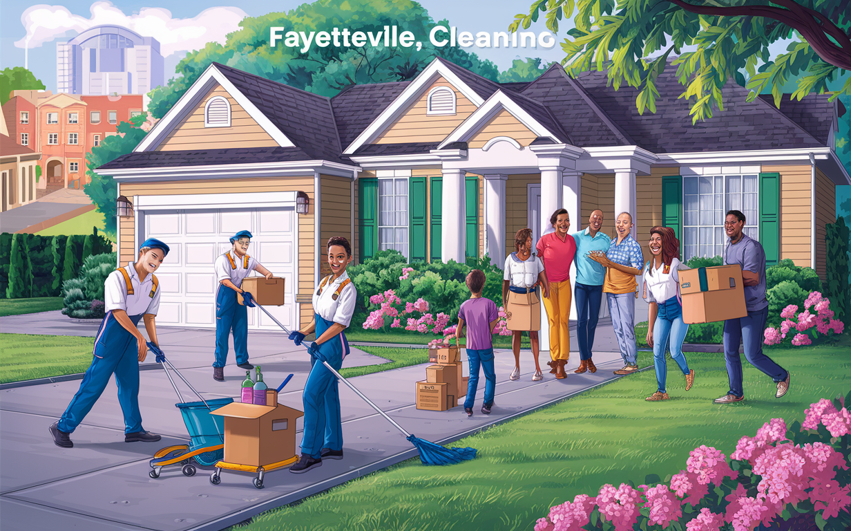 Move-In Cleaning Services in Fayetteville, Georgia An illustration depicting two smiling workers from a move-in cleaning service company standing in front of a large brick house in Fayetteville, Georgia, holding cleaning equipment and ready to provide their services.