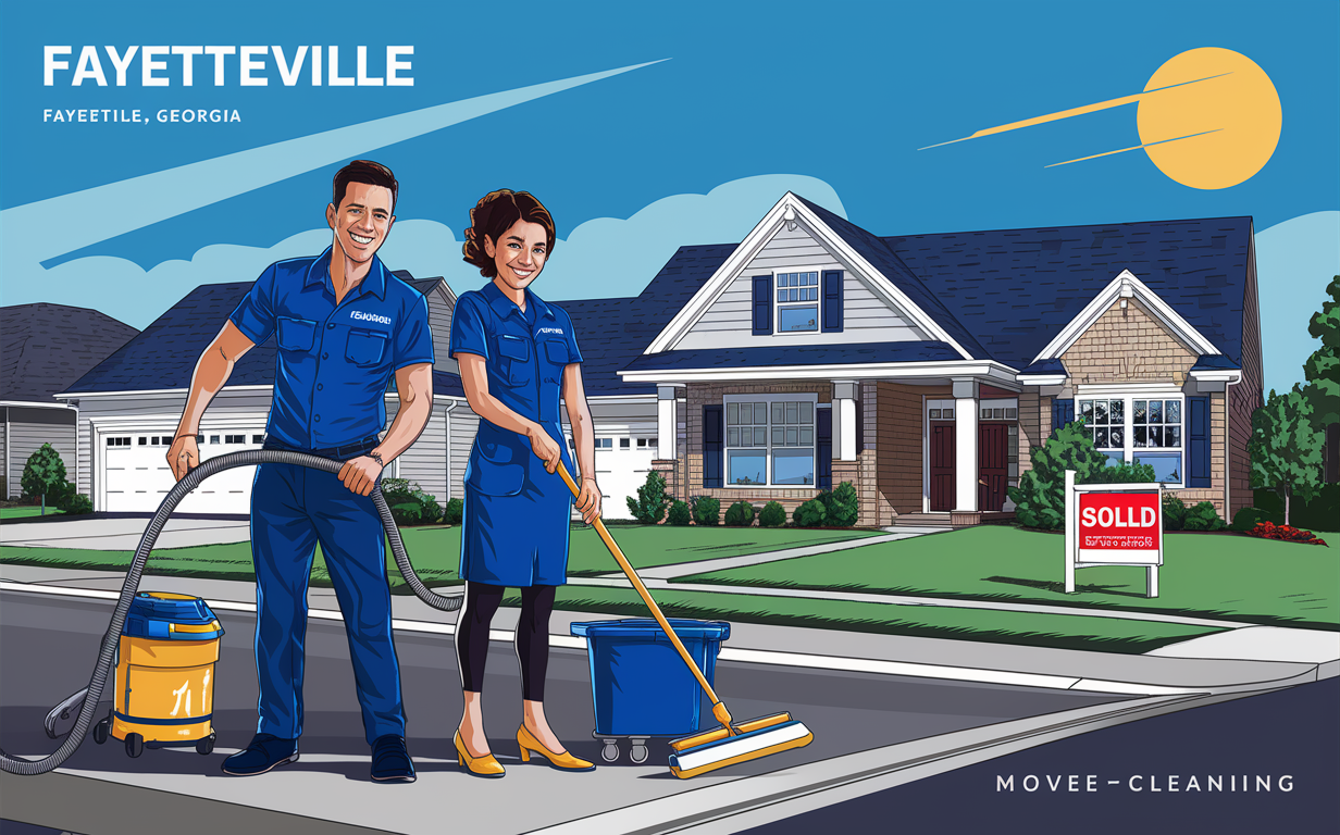 Move-In Cleaning Services by Fayetteville Cleaners Illustration of two cleaners in uniform providing move-in cleaning services in front of a newly sold house in Fayetteville, Georgia