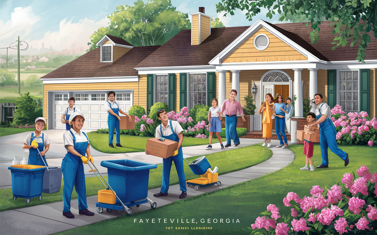 Moving Day in a Residential Neighborhood in Fayetteville, Georgia An illustration depicting a busy moving day scene in a residential neighborhood in Fayetteville, Georgia. Several movers in blue overalls are carrying boxes and equipment, while a family is settling into their new home surrounded by blooming azalea bushes.