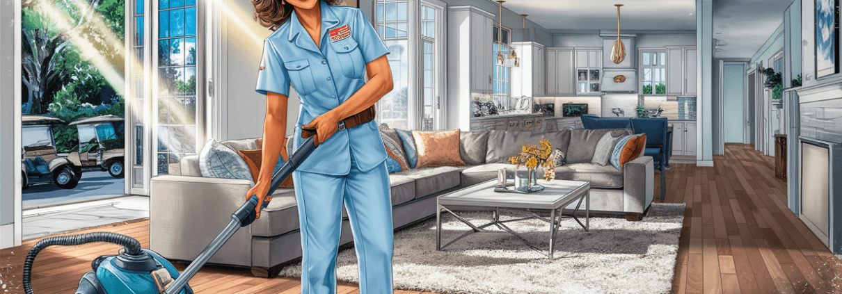 An illustration of a smiling woman in a blue uniform vacuuming the floor of a modern living room with large windows overlooking trees, showcasing professional home cleaning services offered in Peachtree City, Georgia.