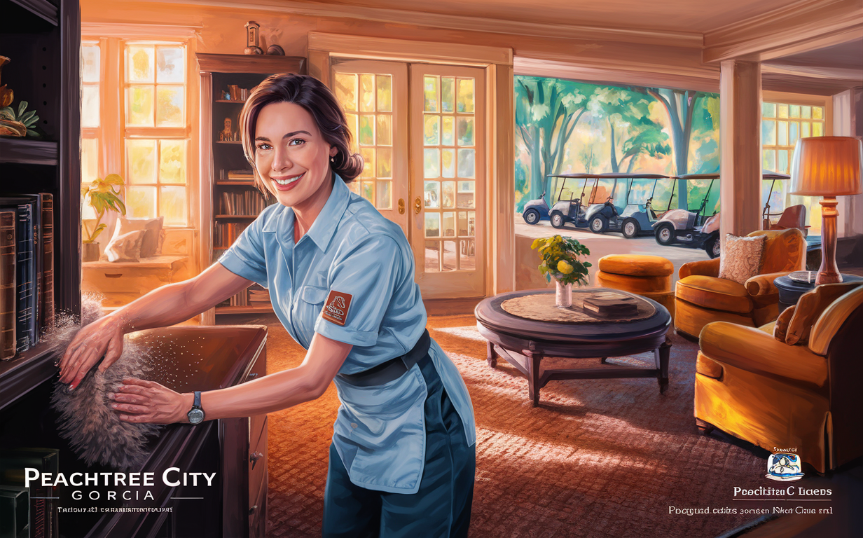 A smiling professional cleaner in uniform provides expert home cleaning services in a luxurious living room with large windows overlooking a lush outdoor landscape in Peachtree City, Georgia.