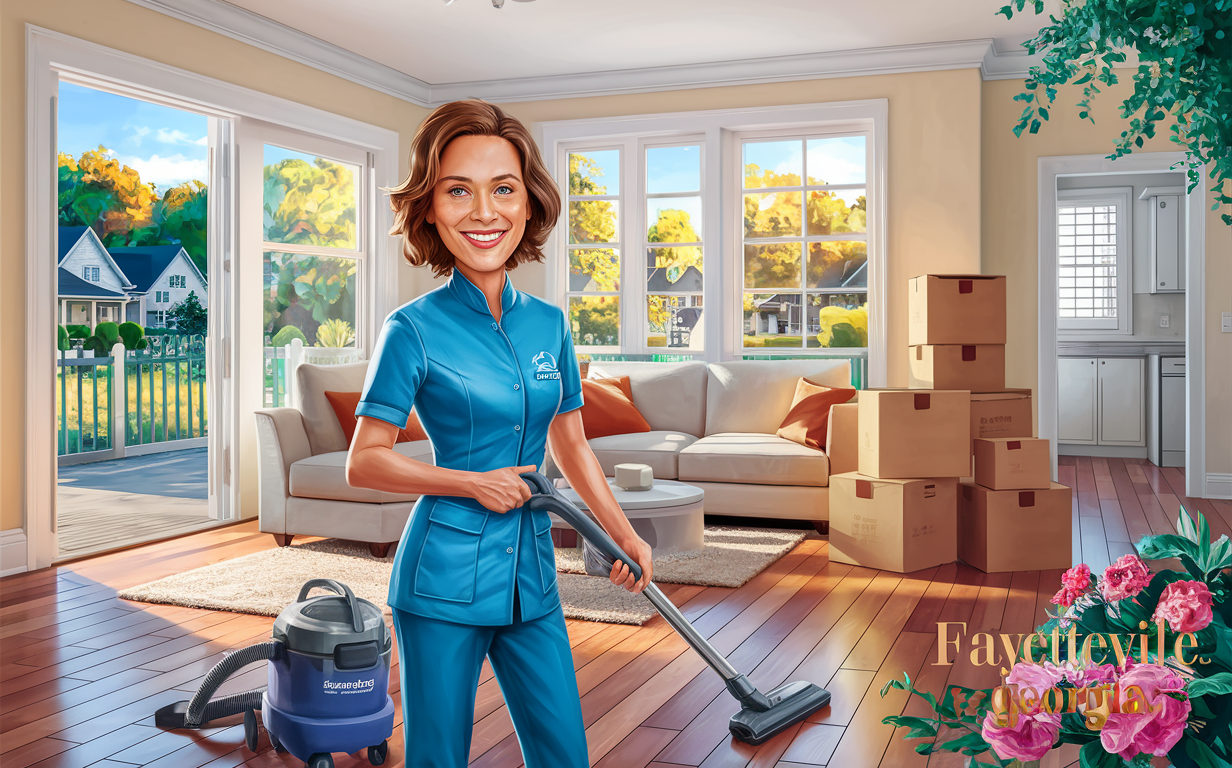 An illustration of a professional cleaner in a blue uniform, standing in a living room with moving boxes, vacuuming the floor, with a view of a residential neighborhood through the windows.