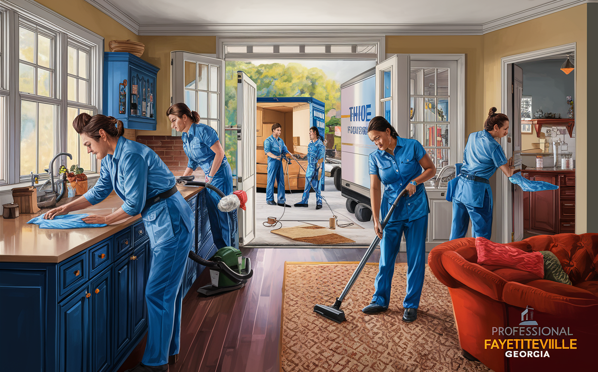 A woman in a blue uniform cleaning a kitchen in preparation for a move out, surrounded by moving boxes in a bright and airy home interior in Fayetteville, Georgia.