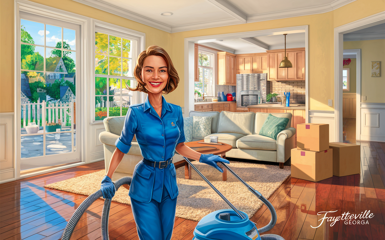 A smiling cleaning professional in a blue uniform vacuuming a living room with boxes, preparing for move-out cleaning services in Fayetteville, Georgia