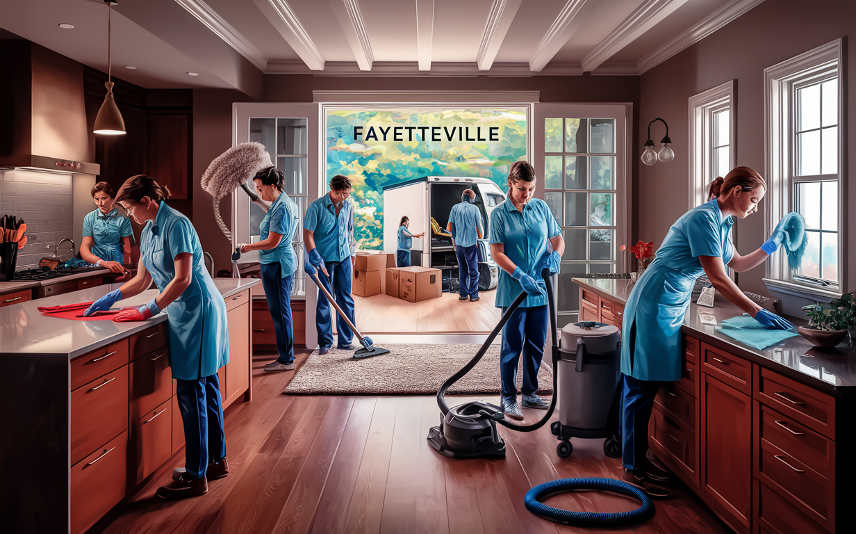 A team of professional cleaners providing thorough move out cleaning services in a residential home, with workers vacuuming, packing boxes, and cleaning various rooms.