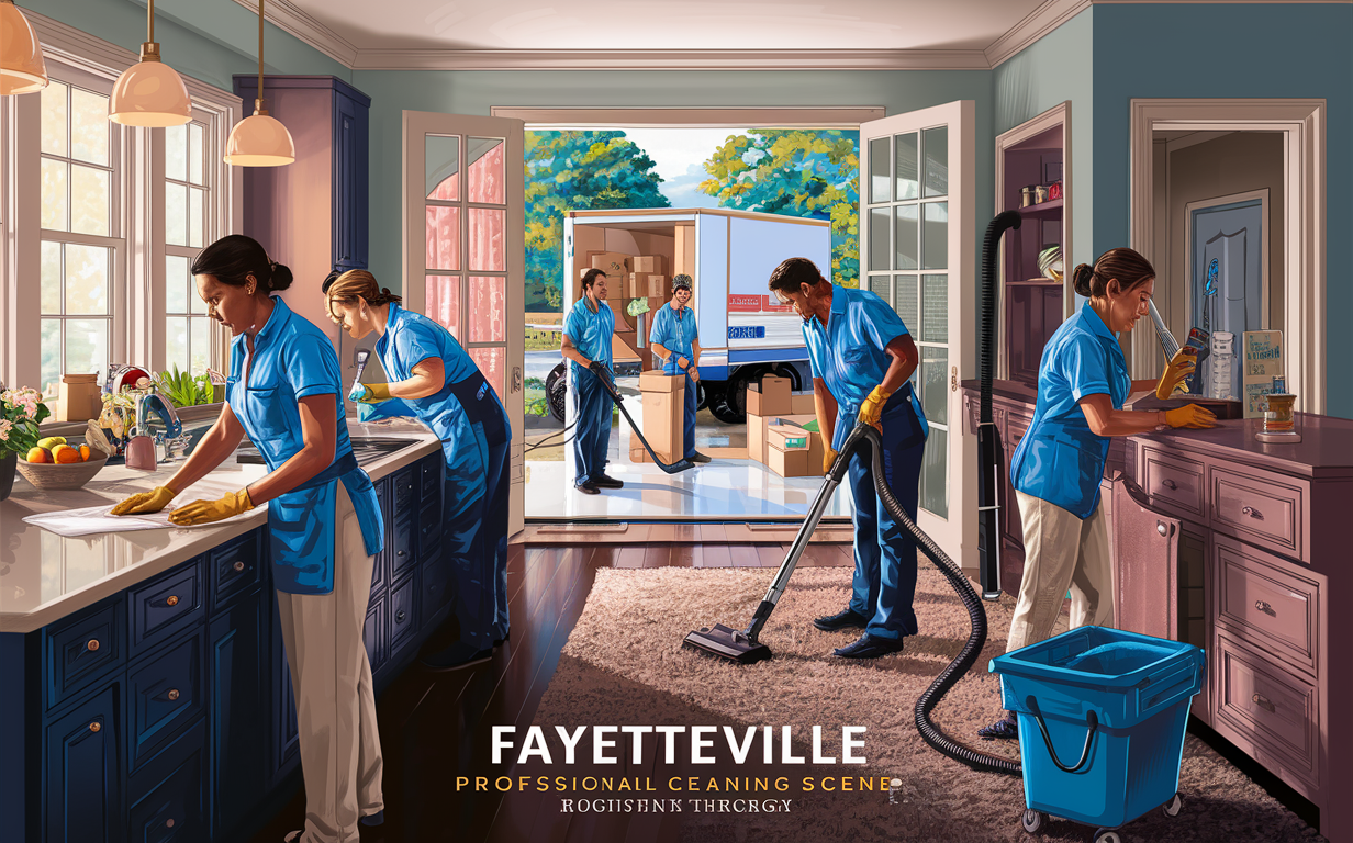 An illustration depicting a team of cleaners meticulously cleaning a residential home in Fayetteville, with some vacuuming, dusting surfaces, and moving boxes, showcasing professional move-out cleaning services offered in the area.