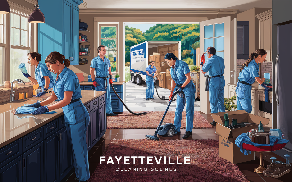 A team of professional cleaners dressed in blue uniforms performing thorough cleaning tasks in a residential home, including wiping surfaces, vacuuming carpets, and cleaning appliances, to prepare the property for move out in Fayetteville, Georgia.