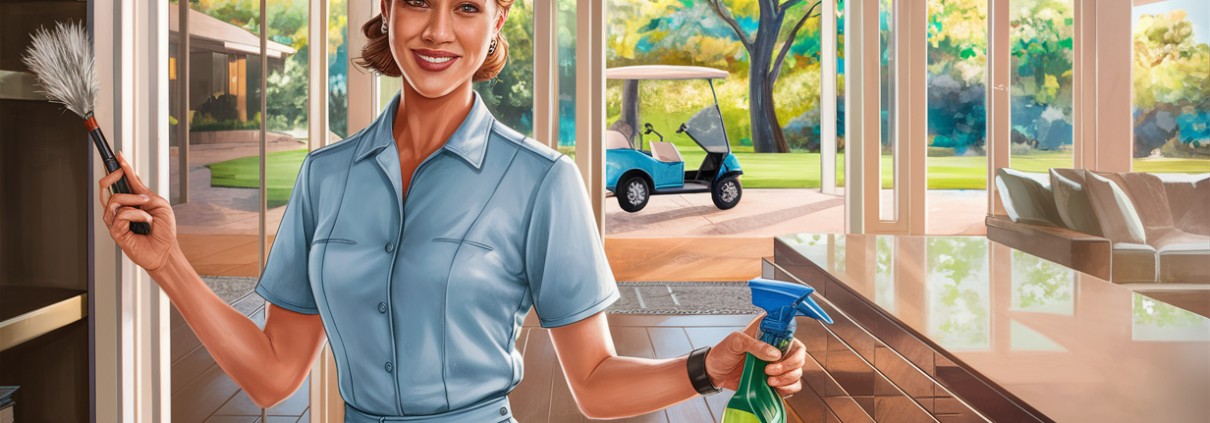 A smiling housekeeper wearing a blue uniform and holding cleaning supplies stands inside a bright sunroom overlooking a lush garden with a golf cart visible outside.