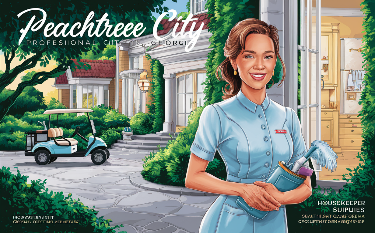An illustration depicting a smiling housekeeper in a blue uniform standing outside a stately house with manicured gardens and a golf cart in Peachtree City, Georgia, a professional city known for housekeeping services.