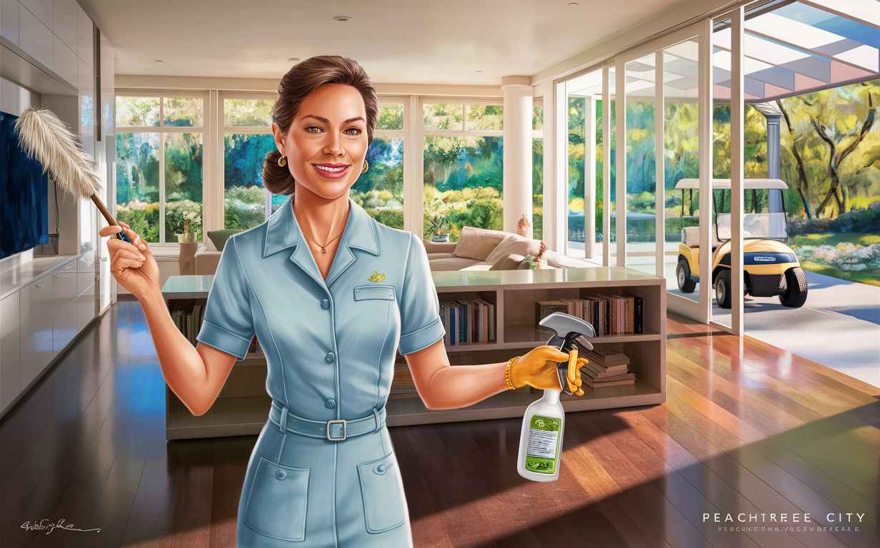 A smiling professional housekeeper in a blue uniform holding cleaning supplies stands inside a luxurious home with large windows overlooking a scenic garden and a vehicle parked outside in Peachtree City, Georgia.