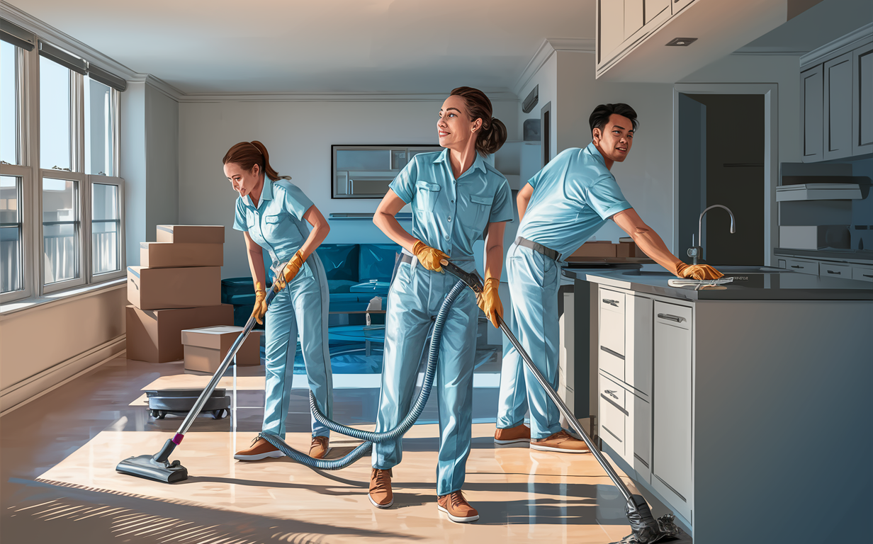 A team of professional cleaners in blue uniforms thoroughly cleaning a kitchen area, vacuuming floors and wiping surfaces in preparation for a move out