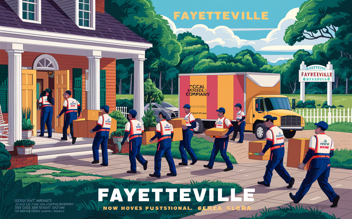 An illustration depicting a team of movers carrying boxes and furniture into a residential building in the town of Fayetteville, Georgia, with a moving truck parked nearby and a welcome sign for the town visible.