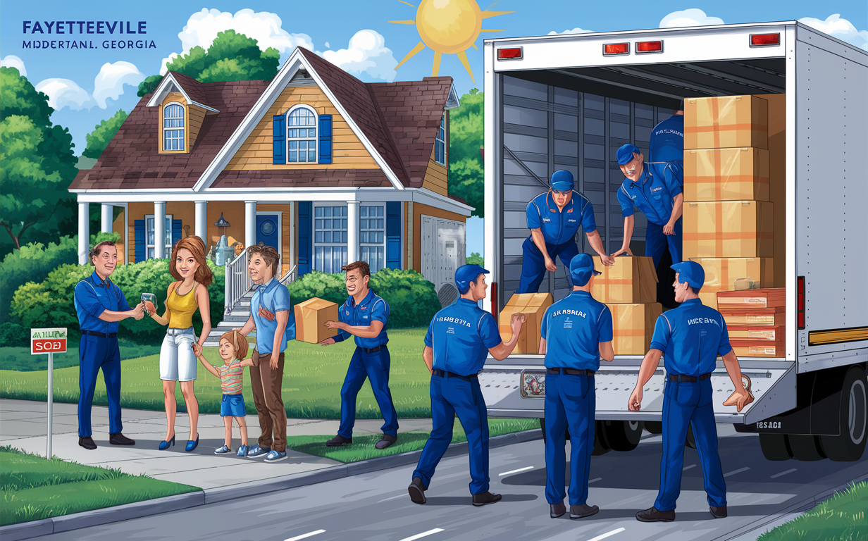 An illustration depicting a moving company's crew assisting a family with their move to a new home in Fayetteville, Georgia.