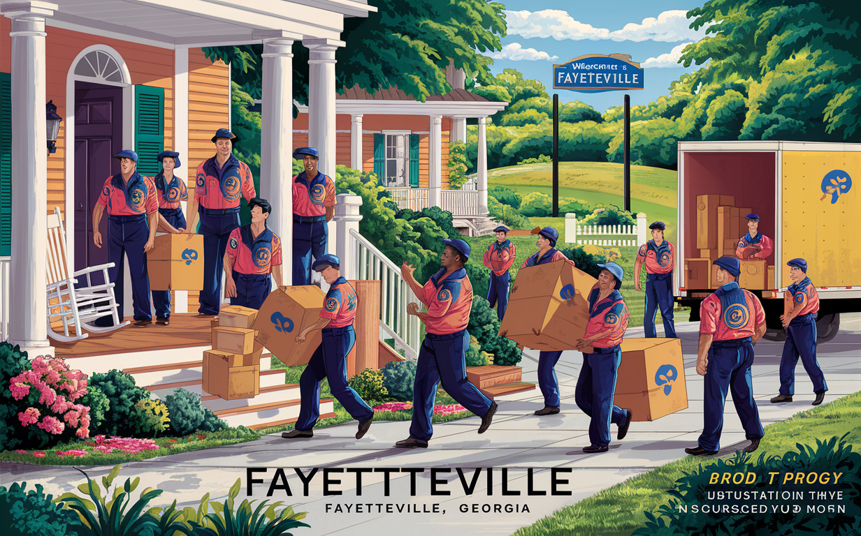 A team of movers wearing blue and red uniforms with the Fayetteville logo, carrying boxes and furniture while moving in or out of a residential area with a welcome sign for Fayetteville, Georgia.