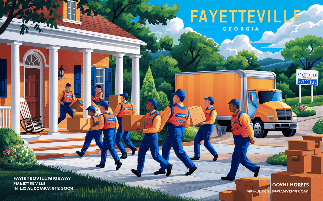 An illustration depicting a moving day scene with people carrying boxes and furniture in and out of two homes in Fayetteville, Georgia, with trees lining the street and the text 'TOPP Fayetteville GA Move-in Out Movi Out Serusties' displayed prominently.