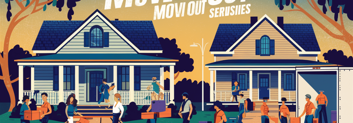 An illustration depicting a moving crew from a local Fayetteville company unloading boxes and furniture from a truck outside a residential home, with the town's name displayed prominently.