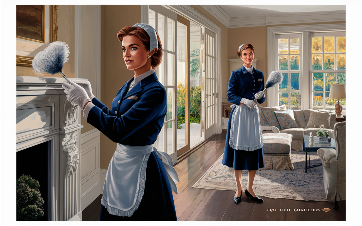 Professional Maid Service in Fayetteville An illustration depicting professional maids dusting and cleaning a luxurious interior setting with attention to detail.