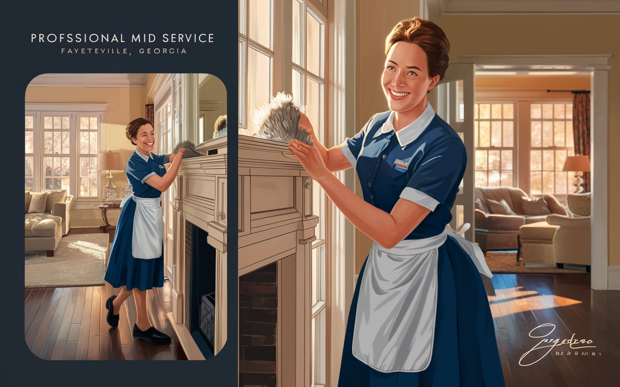 Professional Maid Service Fayetteville, Georgia An illustration of two smiling maids dusting and cleaning in a luxurious home interior in Fayetteville, Georgia, promoting a professional maid service.