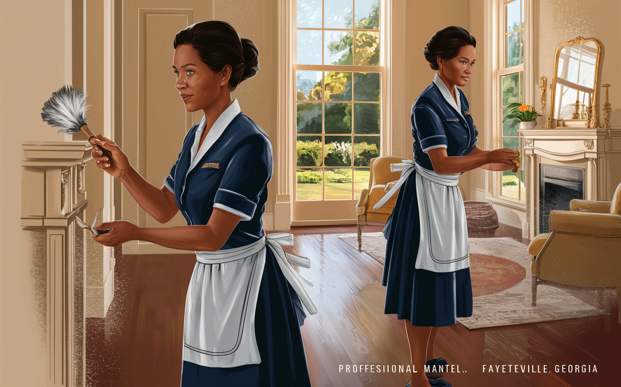 Professional Housekeepers in a Stately Home A painting depicting two professional housekeepers dusting and cleaning inside an elegant interior room with large windows overlooking a lush garden landscape. The housekeepers, wearing navy blue and white maid uniforms, are diligently carrying out their duties in a refined and historic setting.