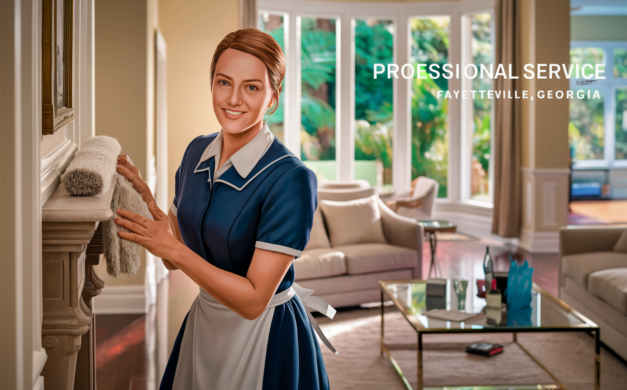 Professional Maid Service in Fayetteville, Georgia A friendly maid wearing a navy blue uniform and holding a feather duster, standing in a bright living room with a view of a garden outside