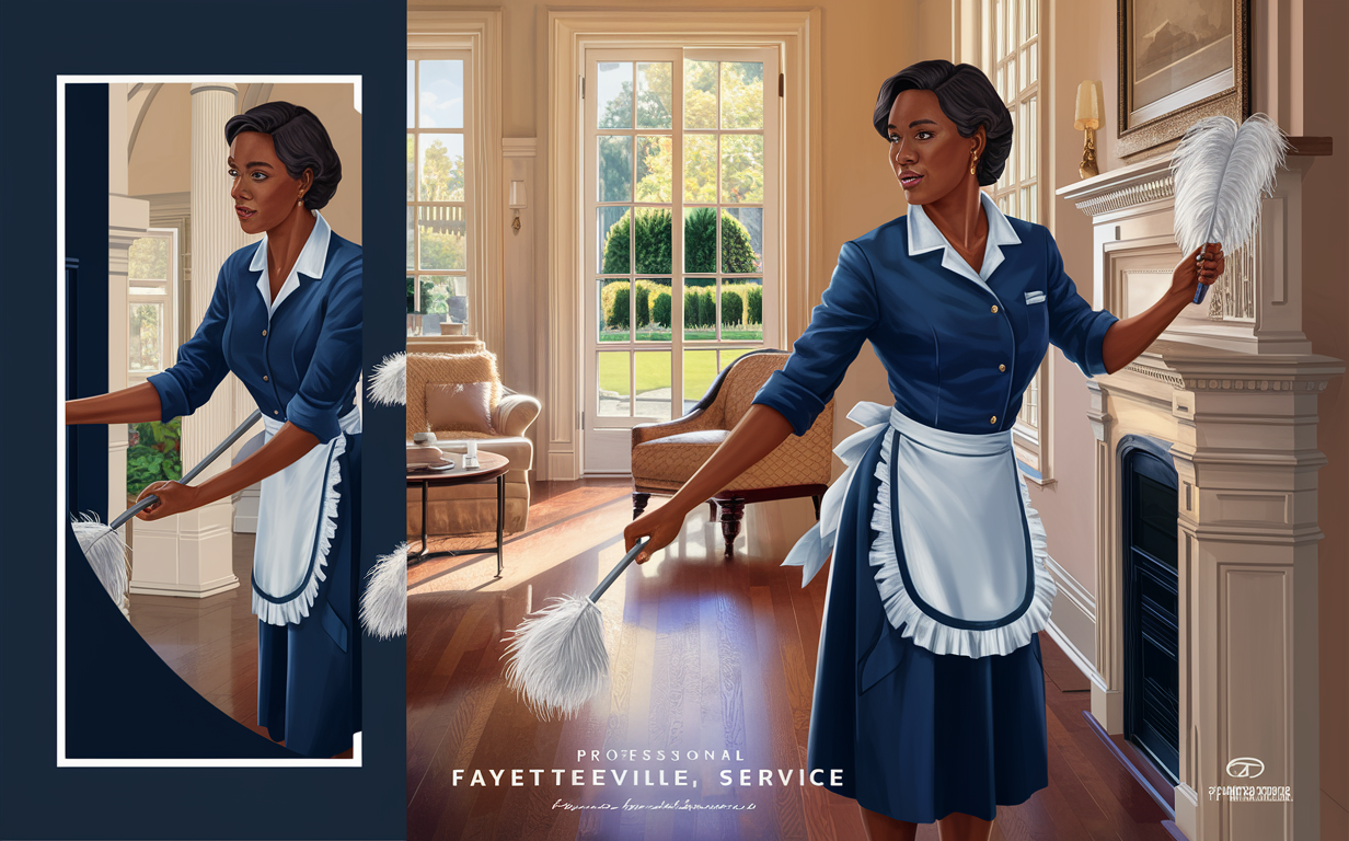 Vintage Maid Service in a Luxurious Home An illustration depicting two maids in vintage blue and white uniforms cleaning an elegant living room with ornate fireplace, plush furniture, and large windows overlooking lush greenery.