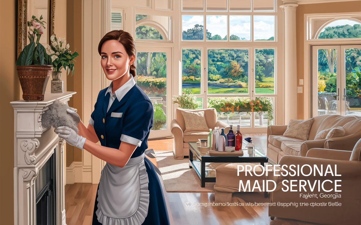Professional Maid Service in Luxurious Home An illustration of a smiling maid standing in an elegant living room, holding a decorative vase with flowers, with a scenic view of a garden through large windows.