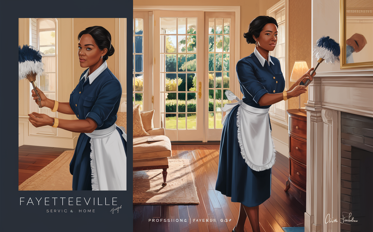 Cheerful Maid Holding Cleaning Supplies in Elegant Living Room An illustration of a smiling maid wearing a blue dress and apron, holding cleaning supplies like a duster and brushes, standing in a bright living room with large windows overlooking trees and plush chairs.