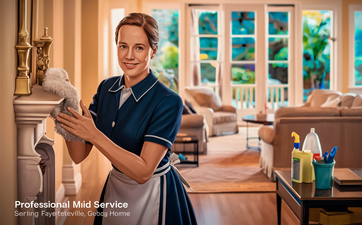 Professional Maid Service Providing Home Cleaning A smiling maid wearing a navy blue uniform holds a plush toy while standing in a bright living room with cleaning supplies nearby, suggesting professional home cleaning services.