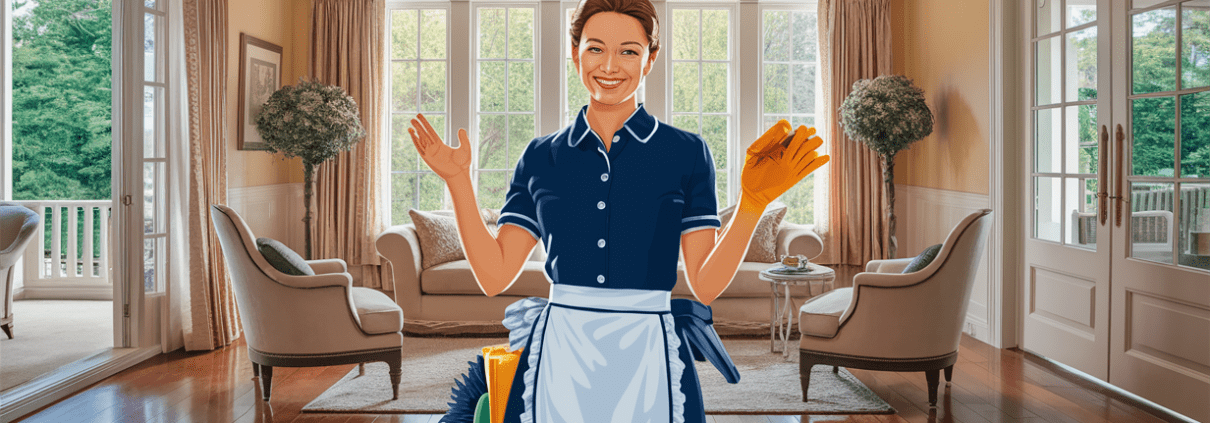 A portrait of a woman in a maid's uniform dusting in an elegant home interior, depicting professional housekeeping services in Fayetteville, Georgia