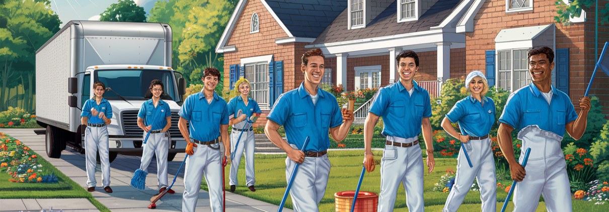 An illustration depicting moving and cleaning professionals working at a residential home in Fayetteville, North Carolina, with a moving truck and landscaped yard.