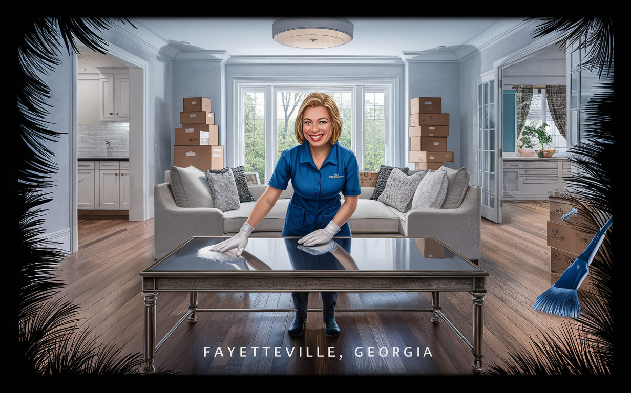 A smiling woman in a blue uniform dusting a table in a modern living room in Fayetteville, Georgia