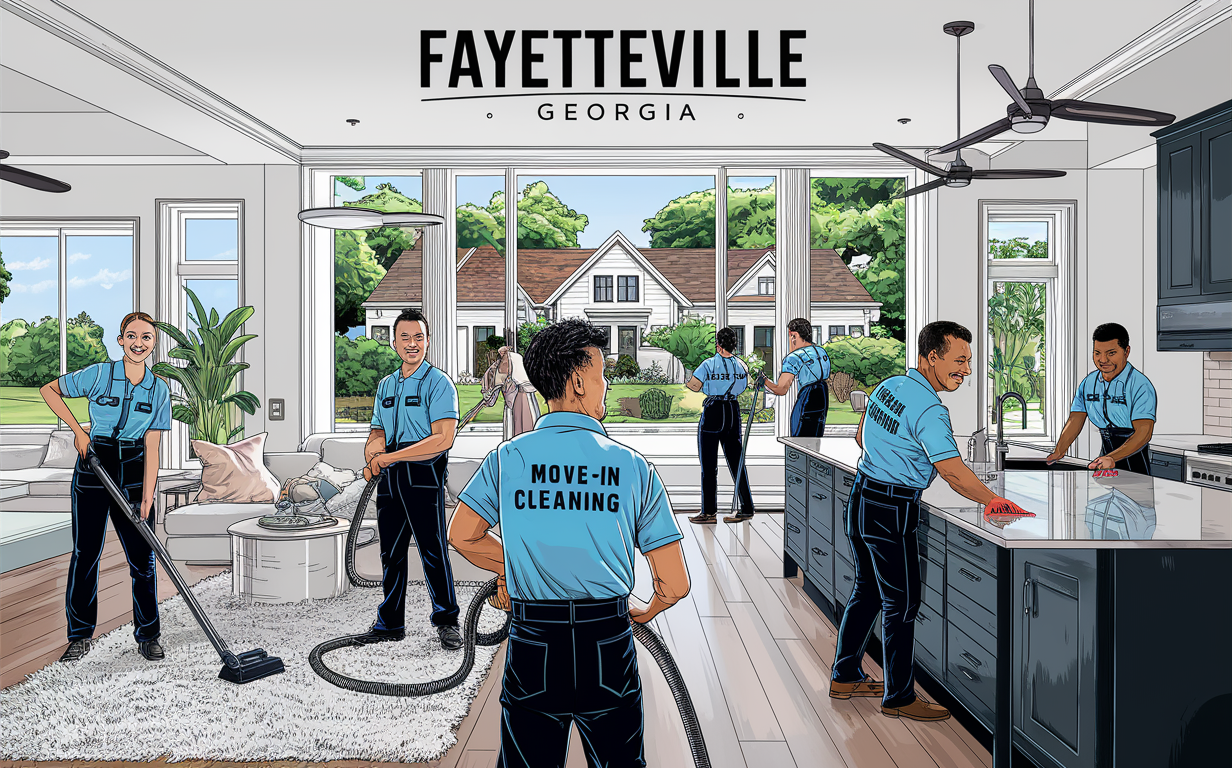 An illustration of a professional move-in cleaning crew diligently cleaning a new home in Fayetteville, Georgia. They are vacuuming, wiping surfaces, and preparing the house for new residents to move in.