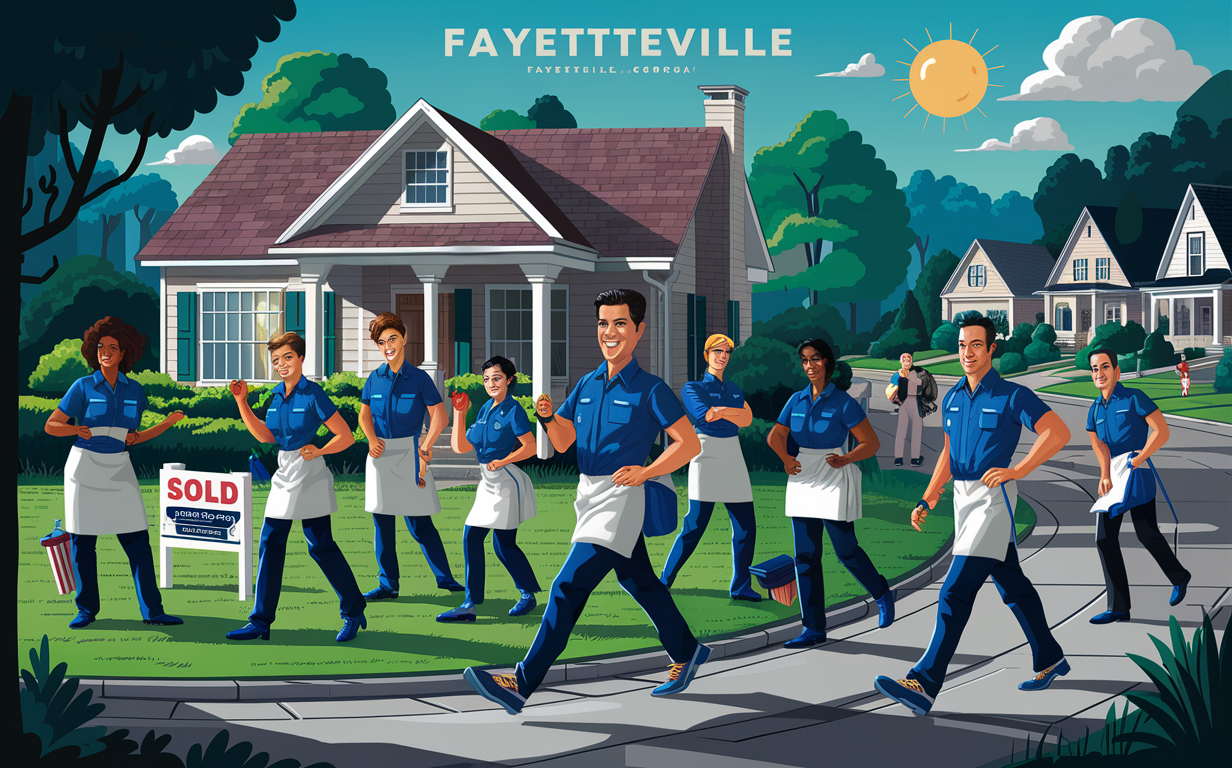 A team of professional cleaners providing move-in cleaning services in a residential neighborhood in Fayetteville, a suburban area of Georgia. The image depicts a diverse group of cleaners in uniform, carrying cleaning equipment and supplies, with a moving truck and newly constructed homes in the background.