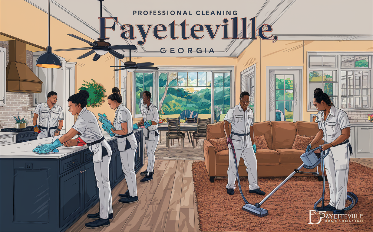 A team of professional cleaners wearing matching blue uniforms with slogans like 'Move In Cleaning' and carrying cleaning supplies, walking towards a newly sold house in a residential neighborhood in Fayetteville, Georgia.