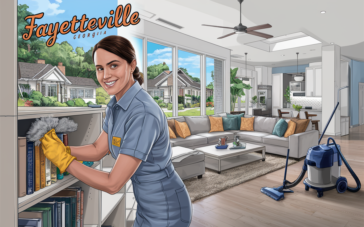 An illustration of a professional cleaner dusting a bookshelf in a modern living room of a new home in Fayetteville, Georgia, with a view of the neighborhood outside.