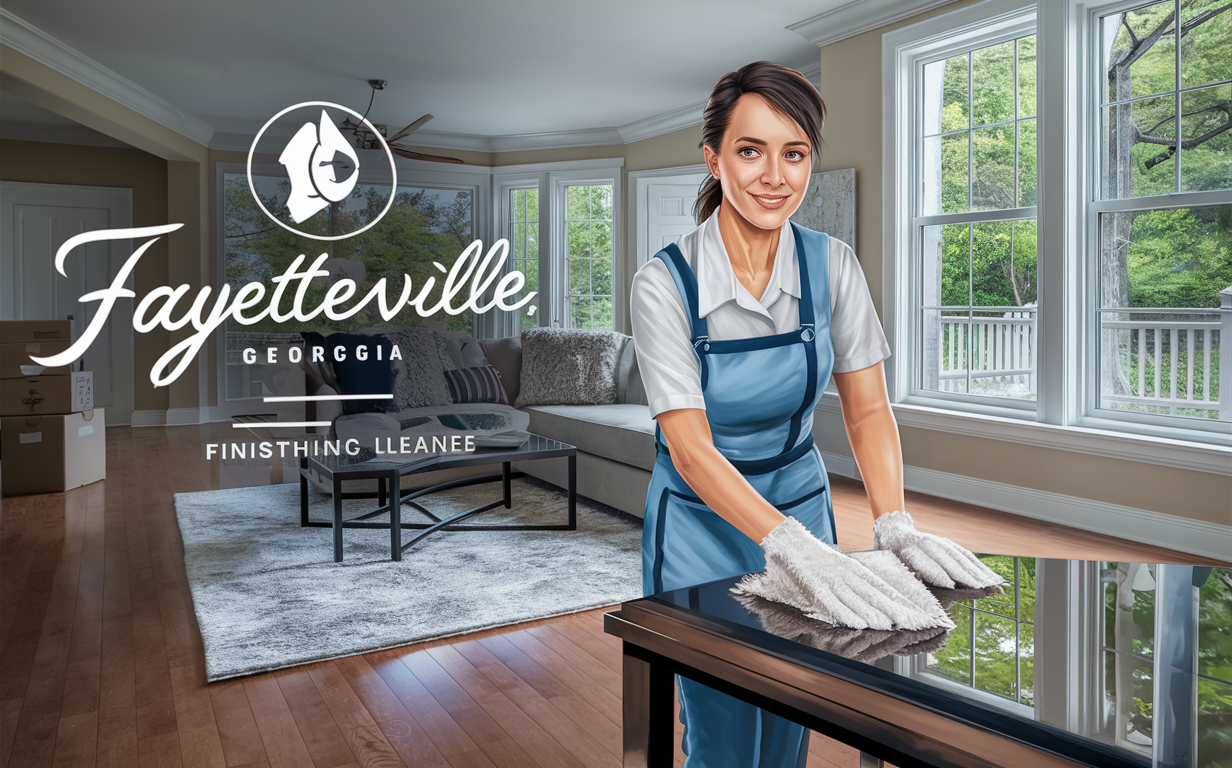 A smiling woman in a blue overall and yellow gloves cleaning a home interior with large windows overlooking a green backyard, representing a professional move-in cleaning service in Fayetteville.