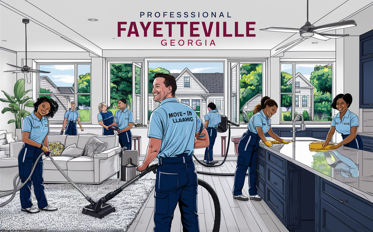Illustration of a team of cleaners from a professional cleaning service in Fayetteville, Georgia performing move-in cleaning tasks like vacuuming, dusting, and wiping surfaces in a residential home.