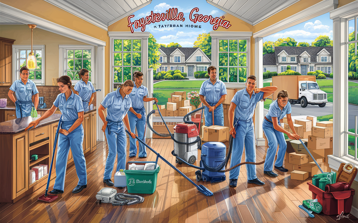 A team of professional cleaners in uniform stands ready with cleaning equipment in front of a residential neighborhood scene in Fayetteville, Georgia.