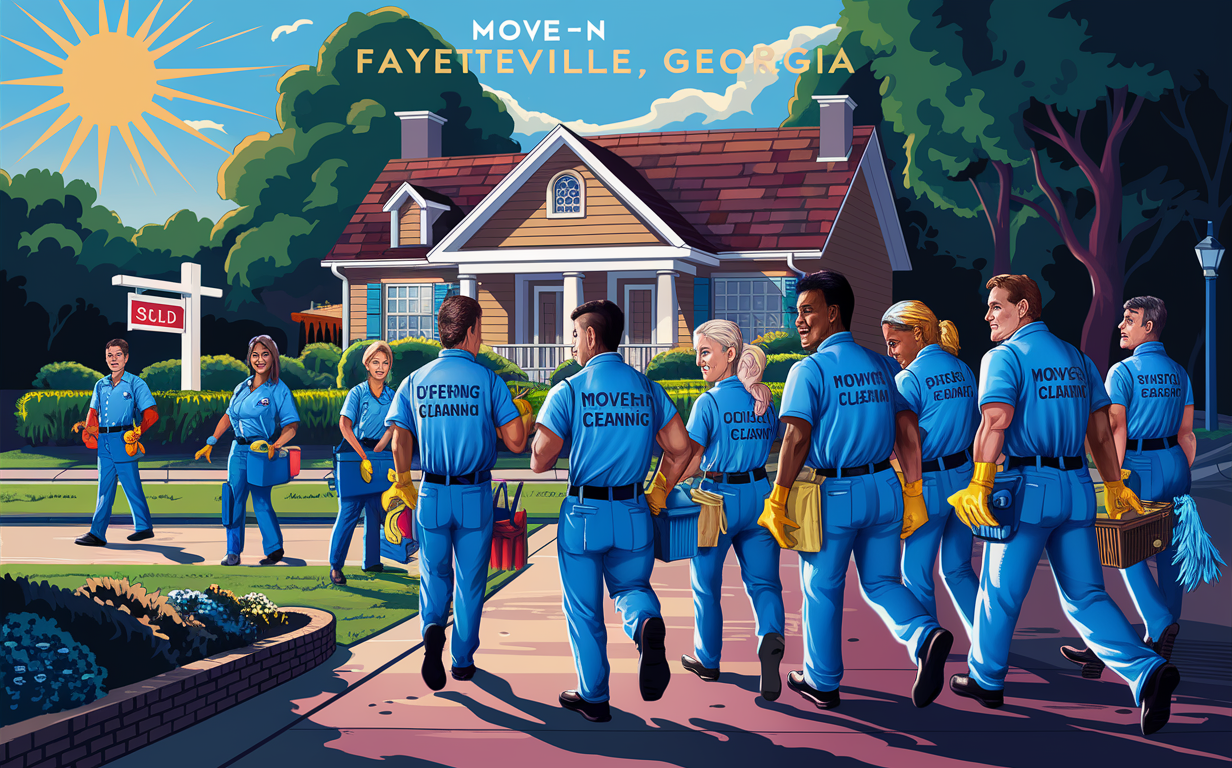 A team of professional cleaners wearing blue uniforms with the text 'Move-In Cleaning' arrive at a newly sold house in Fayetteville, Georgia, carrying cleaning supplies and equipment to prepare the home for new residents.