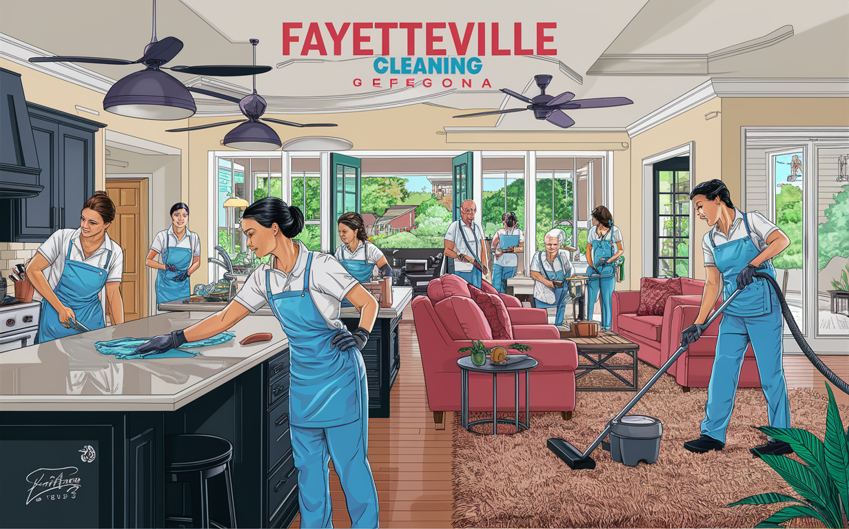 An illustration depicting a team of cleaners from Fayetteville Cleaning in Fayetteville, Georgia providing professional cleaning services in a residential home. The cleaners are shown diligently cleaning various areas of the living room, kitchen, and other spaces.