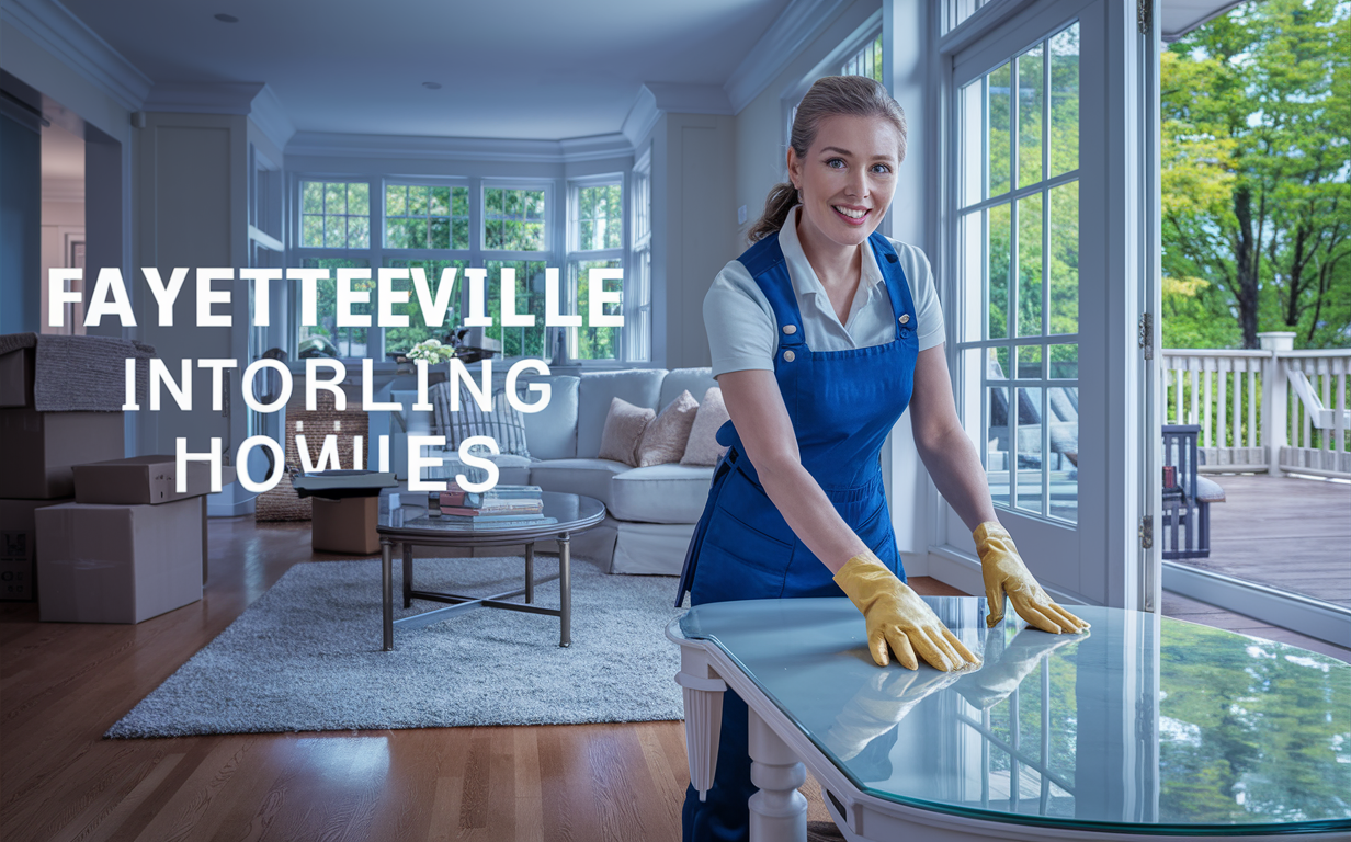 An illustration of a smiling woman wearing a cleaning uniform, dusting with a cloth in a modern living room in Fayetteville, Georgia
