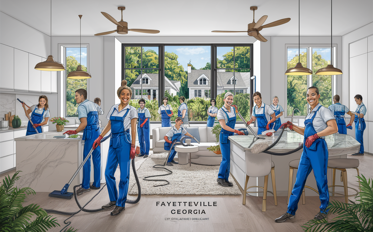 An illustration depicting a team of housekeepers in blue overalls cleaning a modern kitchen and living area with large windows overlooking a residential neighborhood in Fayetteville, Georgia.